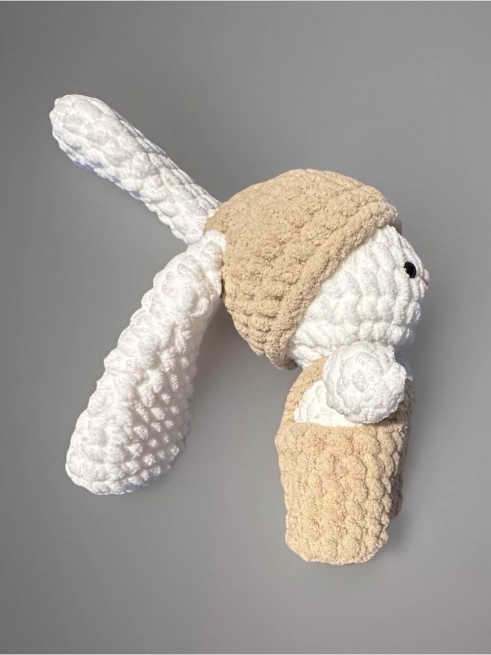 Plush Bunny Stuffed Animal in White and Tan with Clothing- Cozy Crochet Plush - Picture 3 of 6